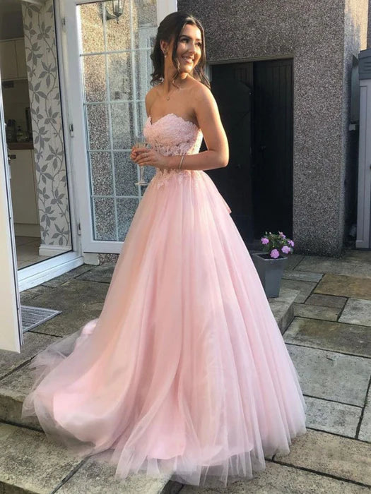 Dreamy Strapless Lace Pink Floor-Length Party Dress