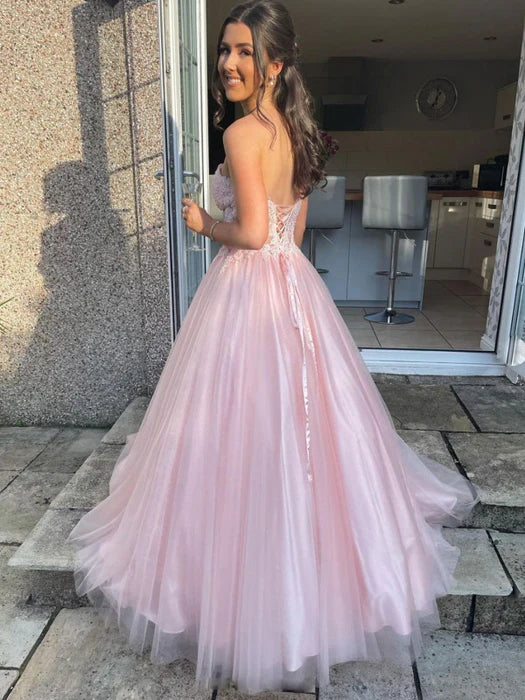 Dreamy Strapless Lace Pink Floor-Length Party Dress