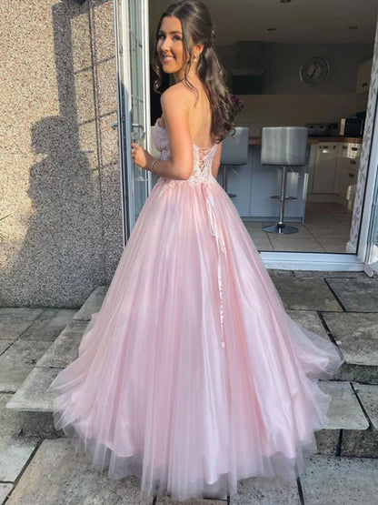 Dreamy Strapless Lace Pink Floor-Length Party Dress