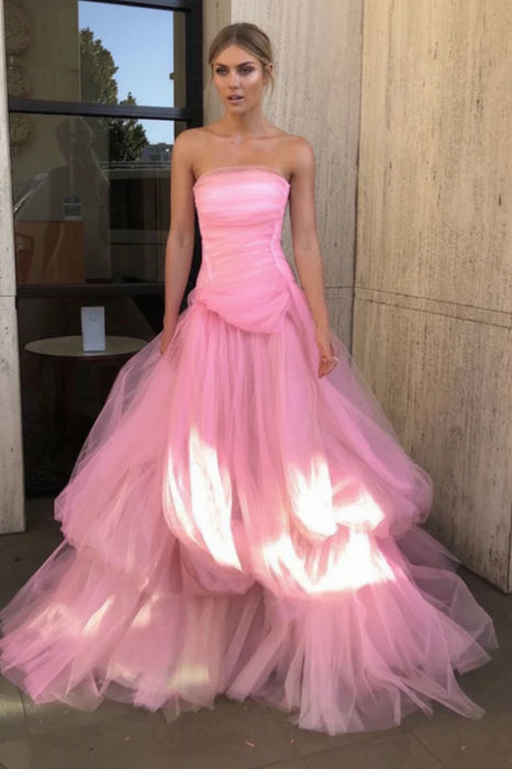 Dreamy Strapless Sleeveless Ruffled Tulle Floor-Length Party Dress