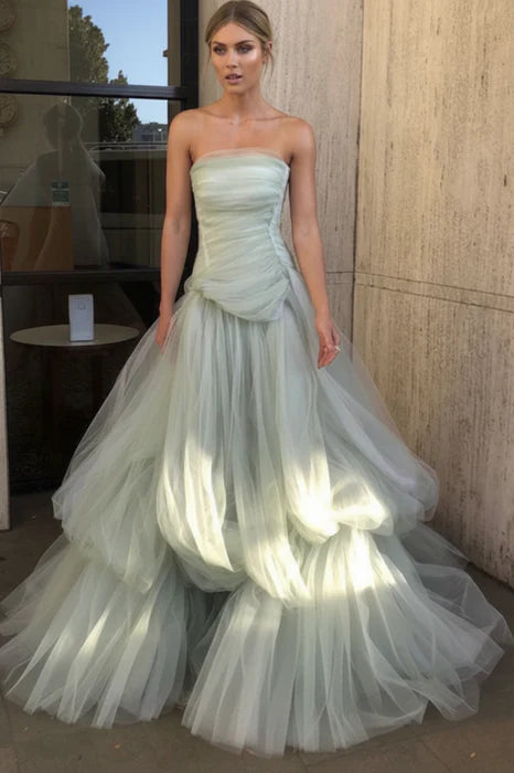 Dreamy Strapless Sleeveless Ruffled Tulle Floor-Length Party Dress