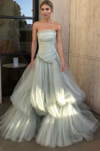 Dreamy Strapless Sleeveless Ruffled Tulle Floor-Length Party Dress