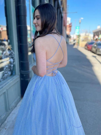 Dreamy V-Neck Spaghetti Strap Sequin Sky Blue Floor-Length Prom Dress