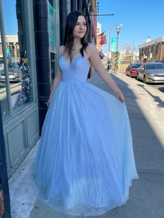 Dreamy V-Neck Spaghetti Strap Sequin Sky Blue Floor-Length Prom Dress