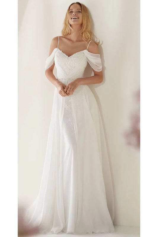 A-Line Tulle Spaghetti Straps Off-the-Shoulder Sweep Train Wedding Dress