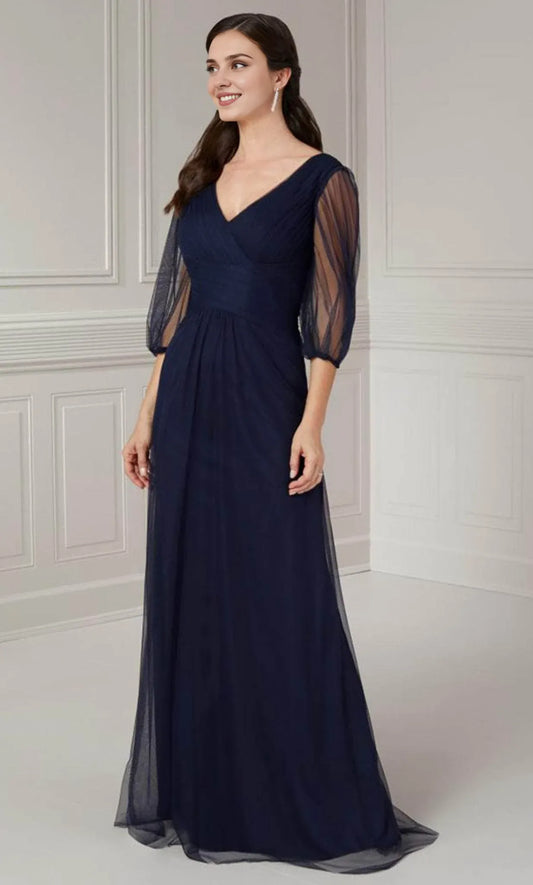 Dressesgowns Evening Dresses/ Pleated Deep V-Neck Puff Quarter Sleeve With Sweep Train Prom Evening Gown/ Prom Dresses Stores