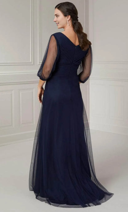 Dressesgowns Evening Dresses/ Pleated Deep V-Neck Puff Quarter Sleeve With Sweep Train Prom Evening Gown/ Prom Dresses Stores