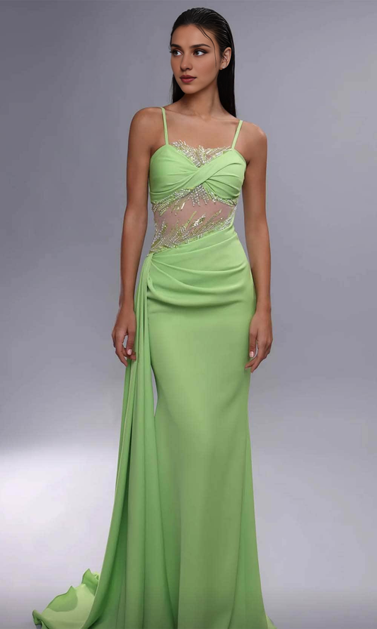 Dressesgowns Evening Dresses/ Princess Spaghetti Straps Twist Bust Beaded With Side Sash Sweep Train Prom Evening Gown/ Prom Dresses Stores