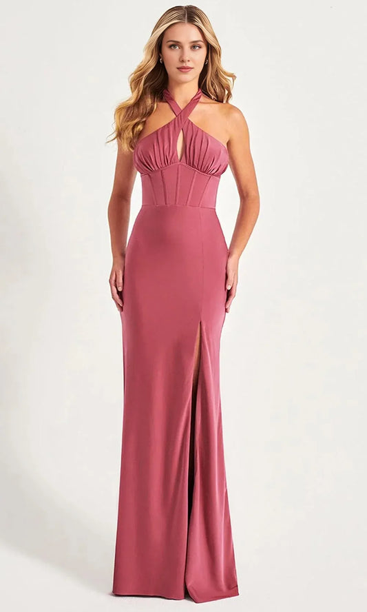 Dressesgowns Evening Dresses/ Sleeveless Open Back Ruched Crisscross Halter With High Slit Prom Evening Gown/ Prom Dresses Stores
