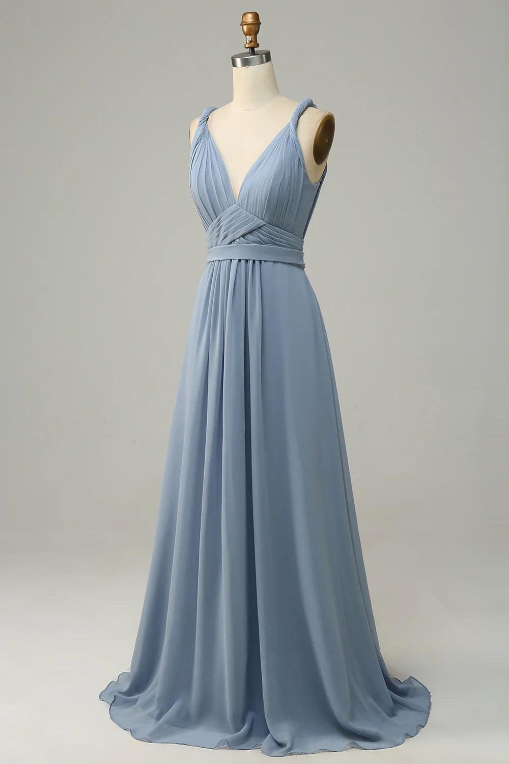 Dusty Blue V Neck A Line Long Bridesmaid Dress