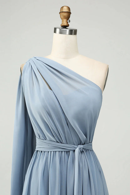 Dusty Blue A Line Long Bridesmaid Dress