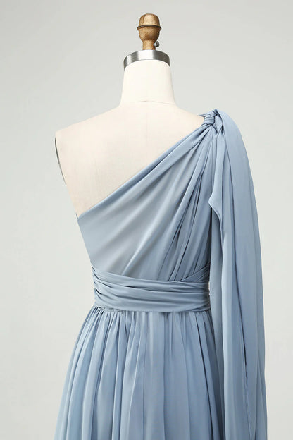 Dusty Blue A Line Long Bridesmaid Dress