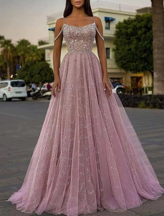 Glamorous A Line Spaghetti Strap Back Zip Sequin Glitter Tulle Floor Length Evening Dress