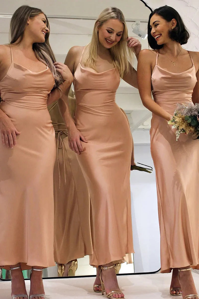 Simple Satin Sheath Lace-Up Back Bridesmaid Dress