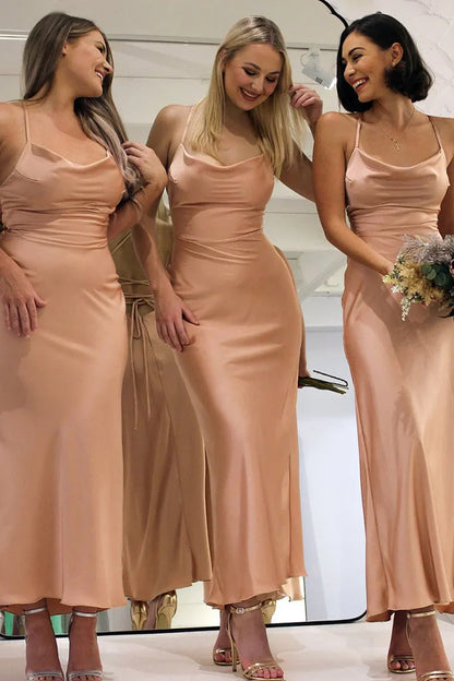 Simple Satin Sheath Lace-Up Back Bridesmaid Dress