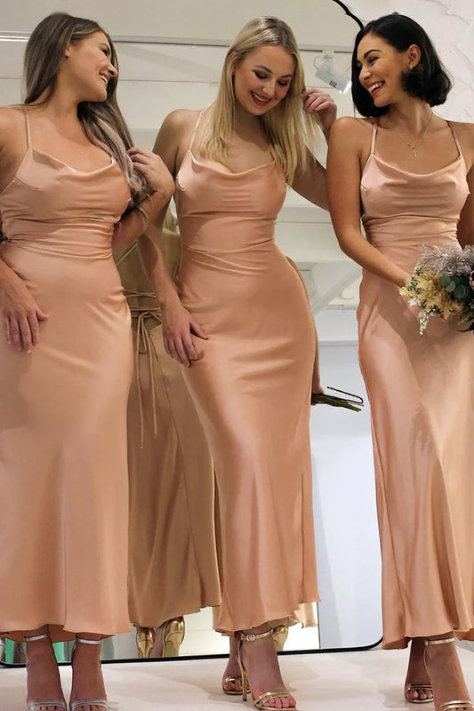 Simple Satin Sheath Lace-Up Back Bridesmaid Dress