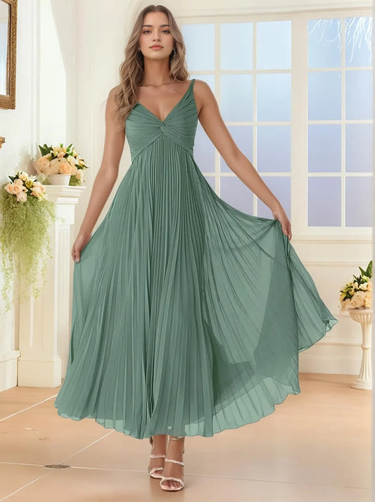 Elegant V-Neck Ruched Pleated Chiffon Maxi Evening Dress