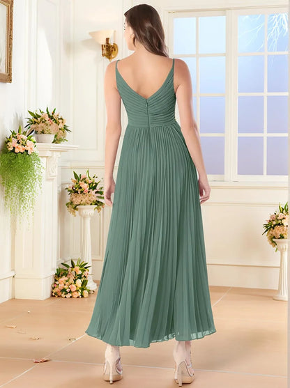 Elegant V-Neck Ruched Pleated Chiffon Maxi Evening Dress