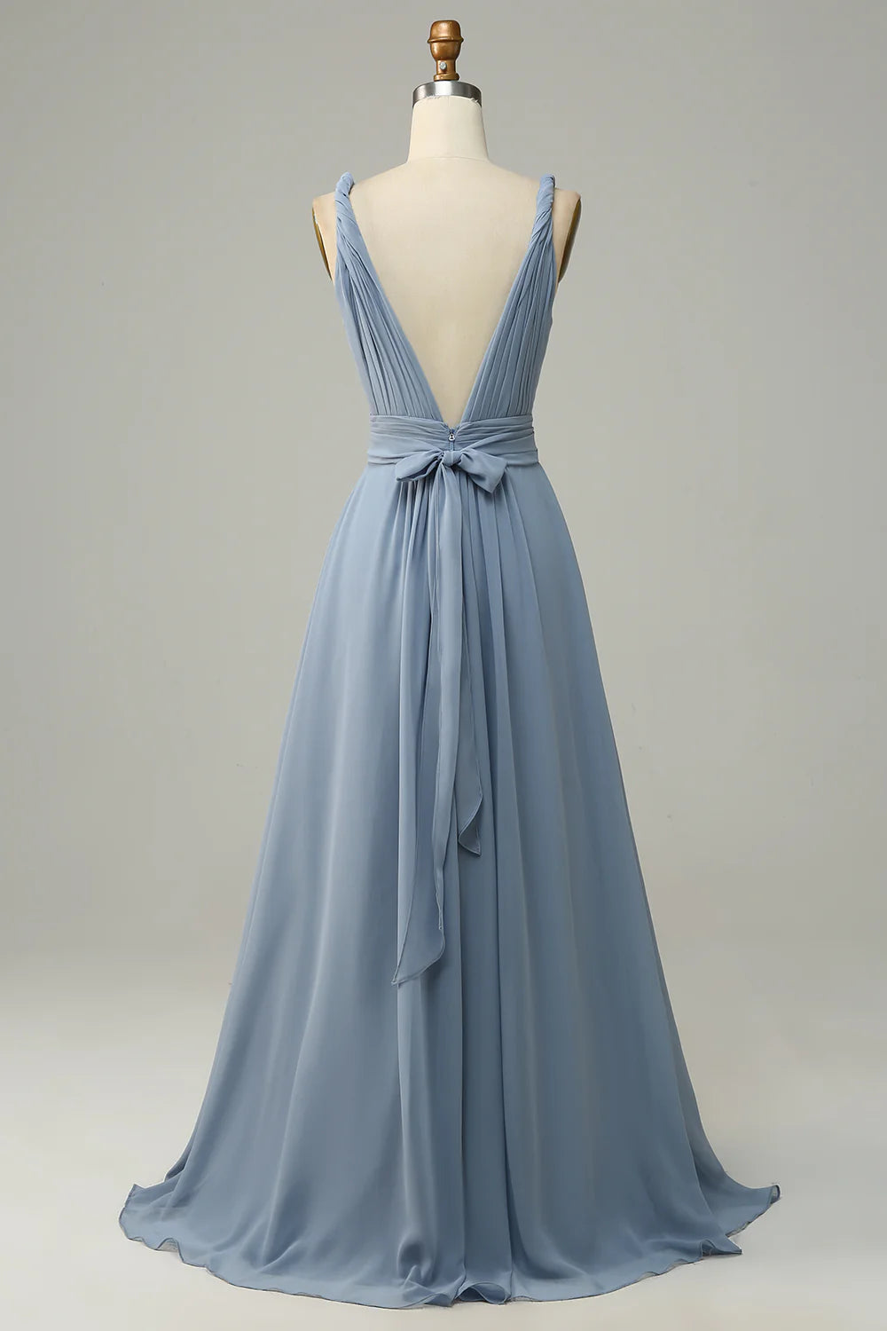 Dusty Blue V Neck A Line Long Bridesmaid Dress