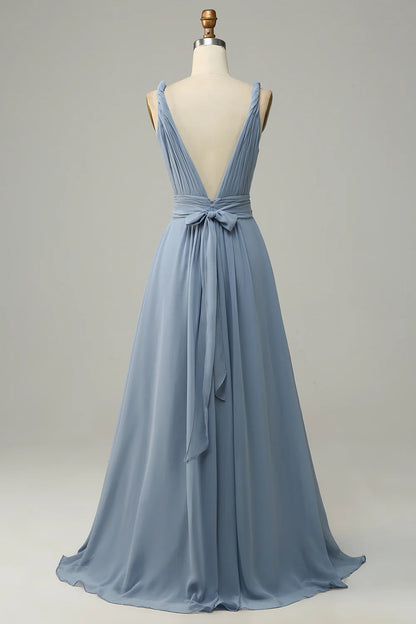 Dusty Blue V Neck A Line Long Bridesmaid Dress