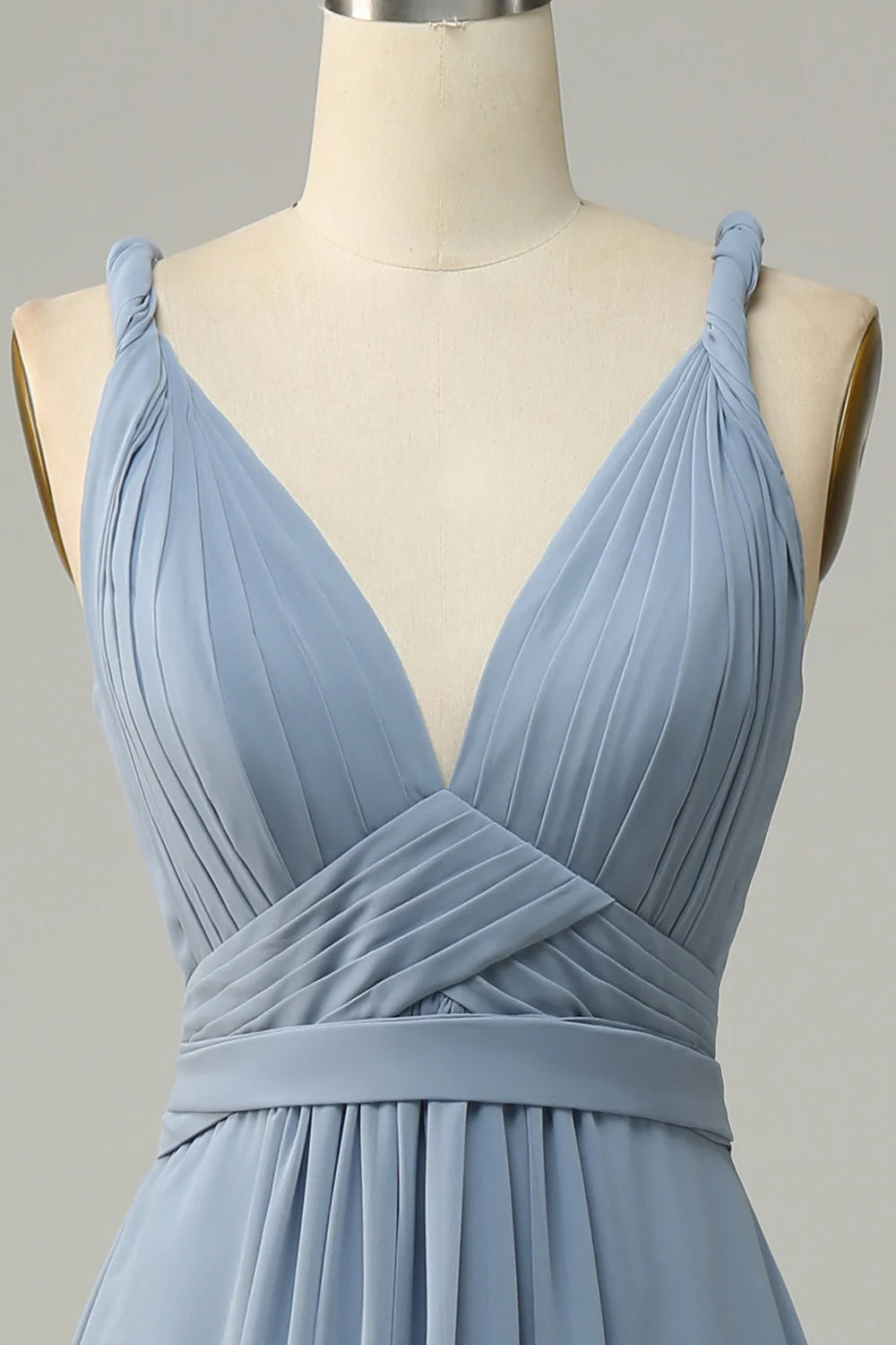 Dusty Blue V Neck A Line Long Bridesmaid Dress