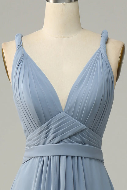 Dusty Blue V Neck A Line Long Bridesmaid Dress