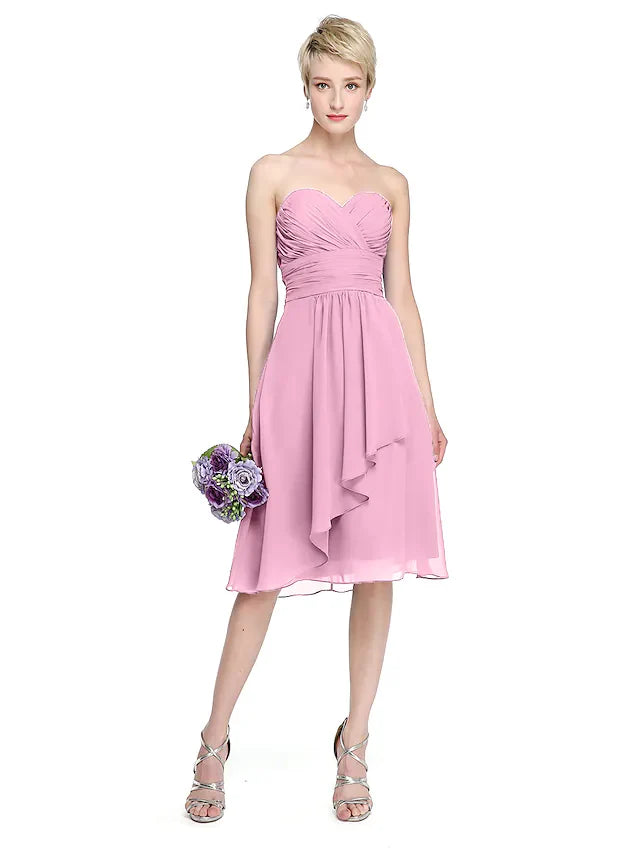 A-Line Sweetheart Neckline Knee Length Chiffon Bridesmaid Dress with Criss Cross Ruched Draping Open Back