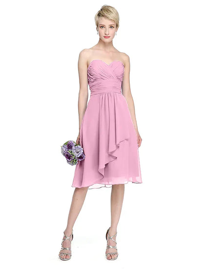 A-Line Sweetheart Neckline Knee Length Chiffon Bridesmaid Dress with Criss Cross Ruched Draping Open Back