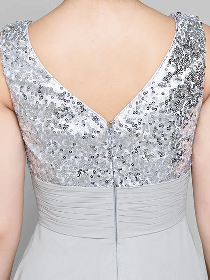 A-Line Mother of the Bride Dress Sparkle & Shine Bateau Neck Ankle Length Chiffon Sleeveless with Sash Ribbon Sequin