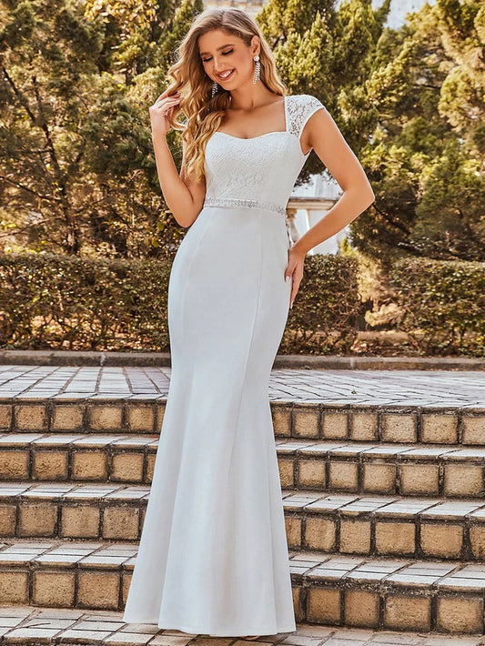 Cream Simple Cap Sleeve Sweetheart Mermaid Style Wedding Dress