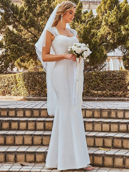 Cream Simple Cap Sleeve Sweetheart Mermaid Style Wedding Dress