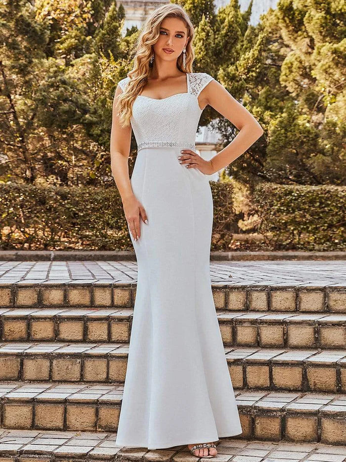 Cream Simple Cap Sleeve Sweetheart Mermaid Style Wedding Dress