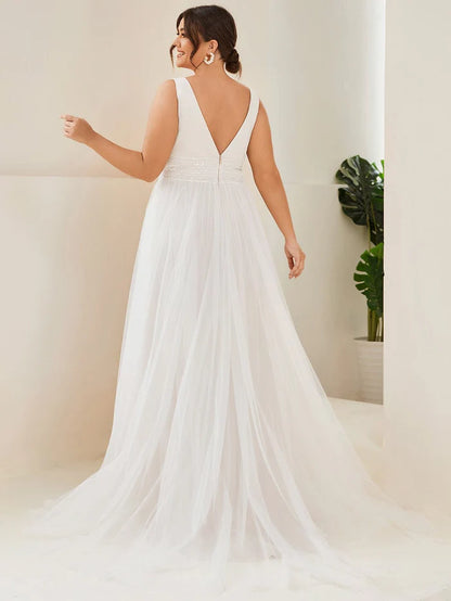 Ivory Plus Size Empire Waist Sleeveless Lace Sheer A-Line Tulle Wedding Dress