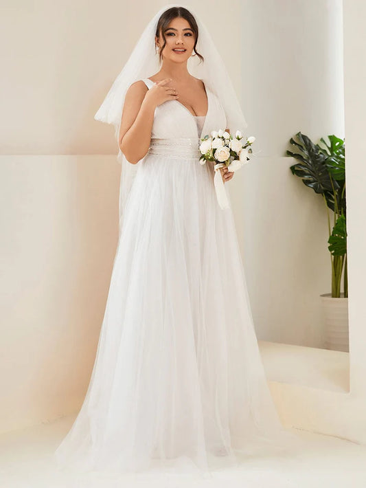 Ivory Plus Size Empire Waist Sleeveless Lace Sheer A-Line Tulle Wedding Dress