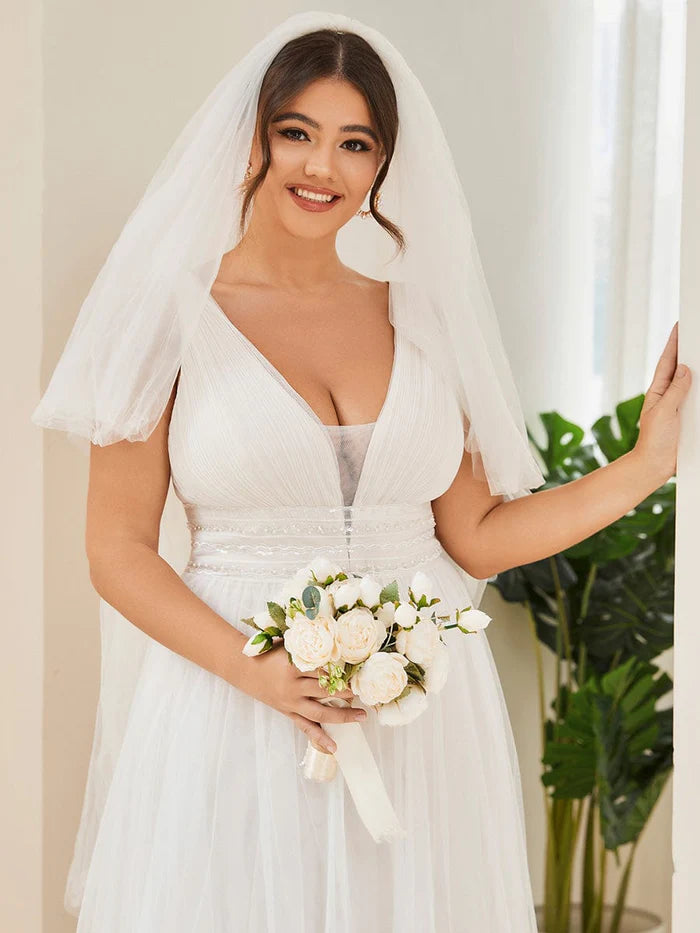 Ivory Plus Size Empire Waist Sleeveless Lace Sheer A-Line Tulle Wedding Dress