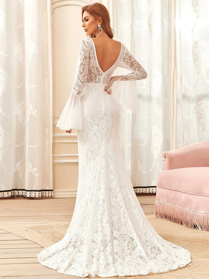 Sweetheart Long Bell Sleeve Mermaid Wedding Dress Sweep/Brush Train Dresses