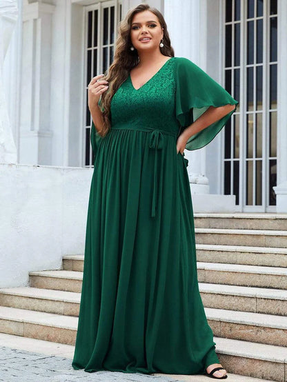 Purple Orchid Deep V Neck Lace Bodice Long Flowy Evening Dress Chiffon Mother of the Bride Dresses