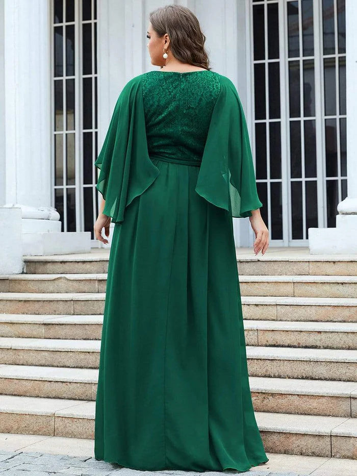 Purple Orchid Deep V Neck Lace Bodice Long Flowy Evening Dress Chiffon Mother of the Bride Dresses