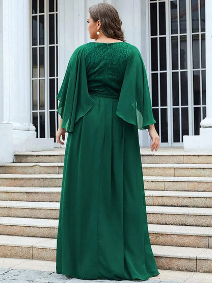 Purple Orchid Deep V Neck Lace Bodice Long Flowy Evening Dress Chiffon Mother of the Bride Dresses