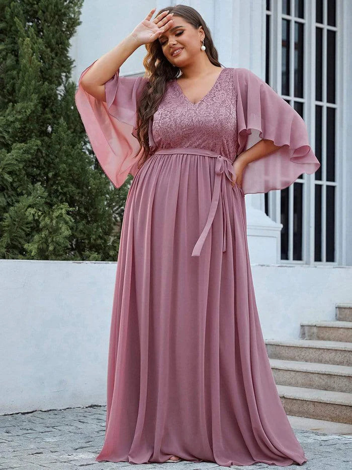 Purple Orchid Deep V Neck Lace Bodice Long Flowy Evening Dress Chiffon Mother of the Bride Dresses
