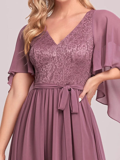 Purple Orchid Deep V Neck Lace Bodice Long Flowy Evening Dress Chiffon Mother of the Bride Dresses