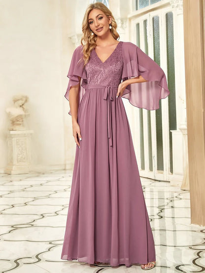Purple Orchid Deep V Neck Lace Bodice Long Flowy Evening Dress Chiffon Mother of the Bride Dresses