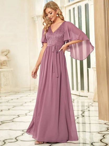 Purple Orchid Deep V Neck Lace Bodice Long Flowy Evening Dress Chiffon Mother of the Bride Dresses