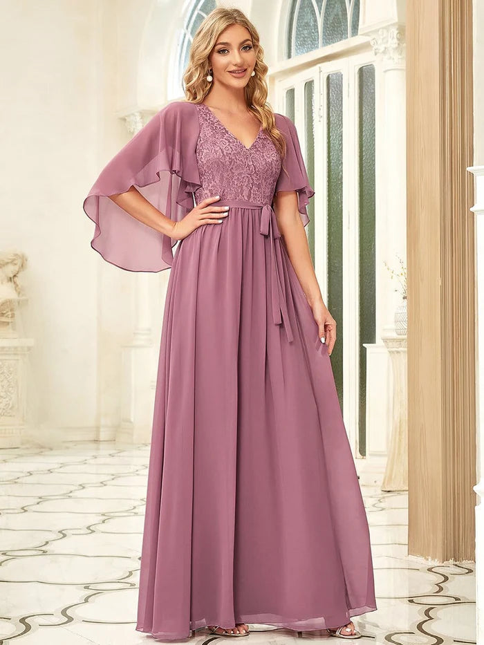 Purple Orchid Deep V Neck Lace Bodice Long Flowy Evening Dress Chiffon Mother of the Bride Dresses
