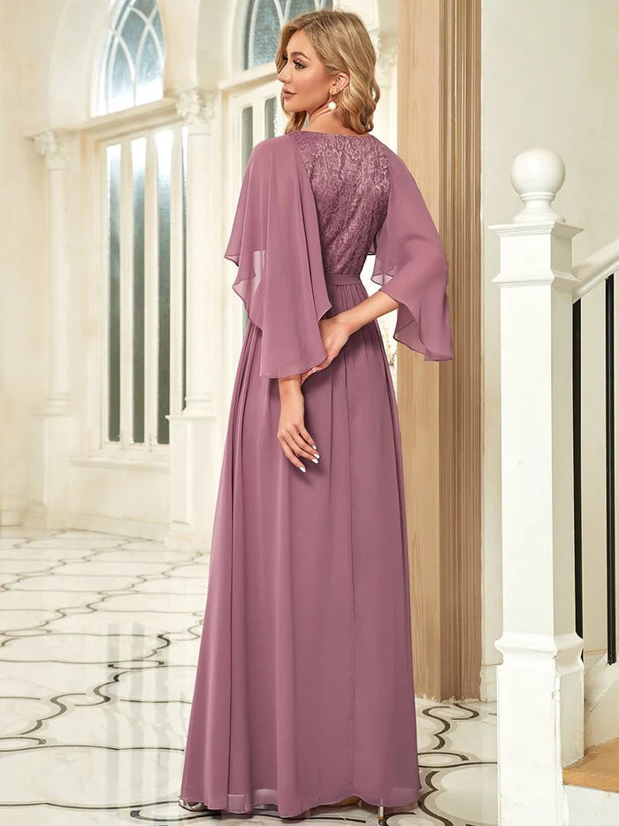Purple Orchid Deep V Neck Lace Bodice Long Flowy Evening Dress Chiffon Mother of the Bride Dresses