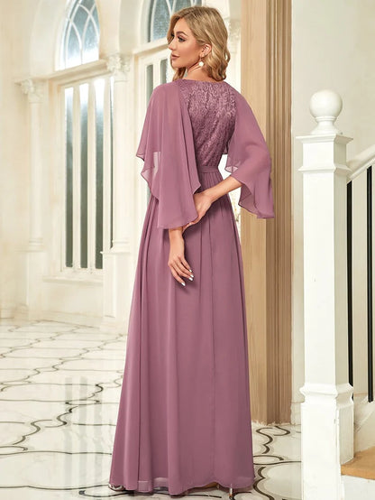 Purple Orchid Deep V Neck Lace Bodice Long Flowy Evening Dress Chiffon Mother of the Bride Dresses