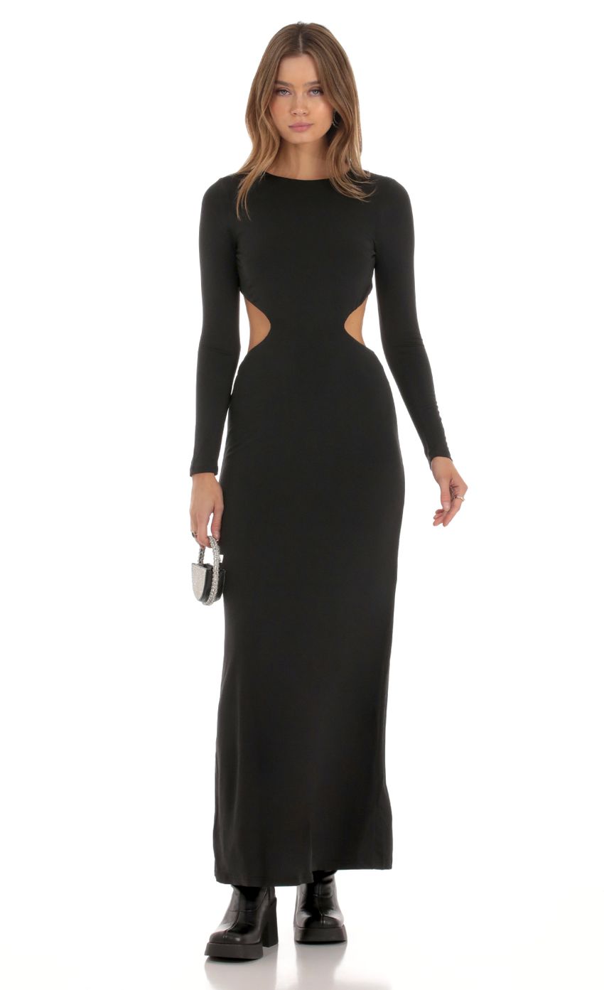 Edgy Bodycon Crew-Neck Long-Sleeve Cut-Out Open-Back Black Jersey Floor-Length Prom Dresses