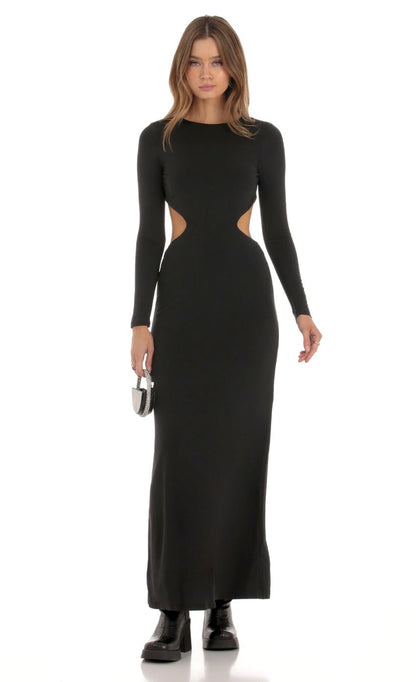 Edgy Bodycon Crew-Neck Long-Sleeve Cut-Out Open-Back Black Jersey Floor-Length Prom Dresses