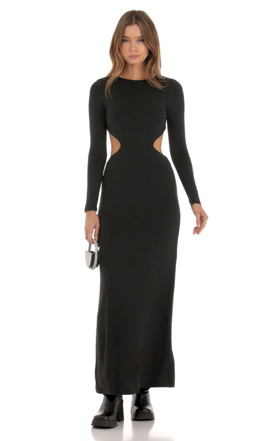 Edgy Bodycon Crew-Neck Long-Sleeve Cut-Out Open-Back Black Jersey Floor-Length Prom Dresses