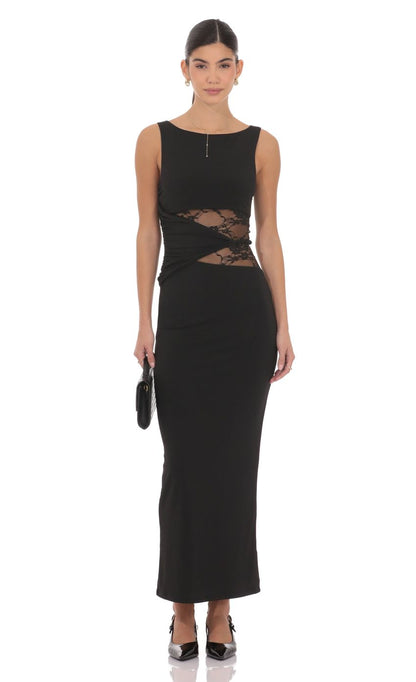 Edgy Bodycon Crew-Neck Sleeveless Lace-Cut-Out Open-Back Black Jersey Floor-Length Prom Dresses